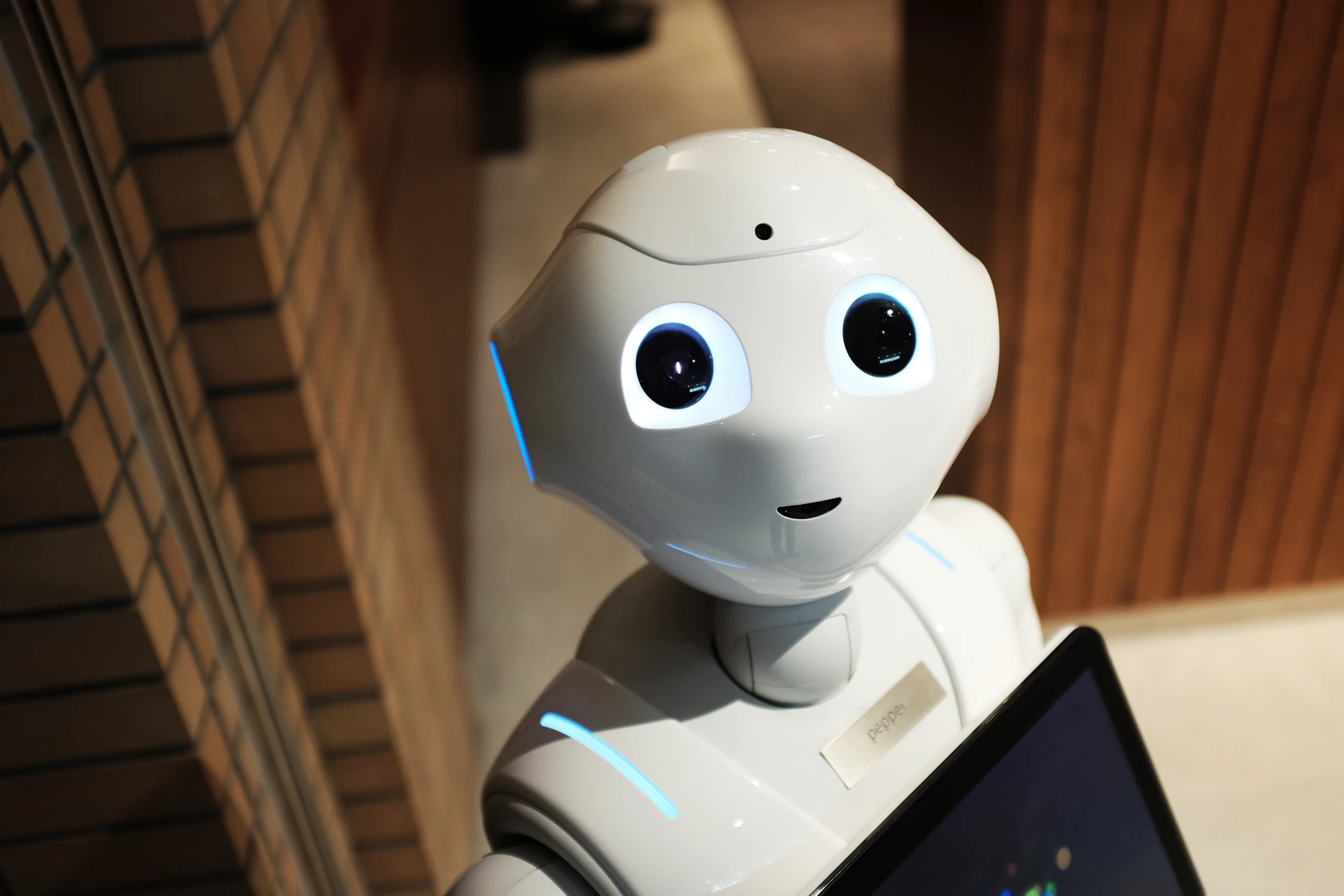 Humanoidni robot v zatemnjenem razvojnem prostoru studia Olqandero